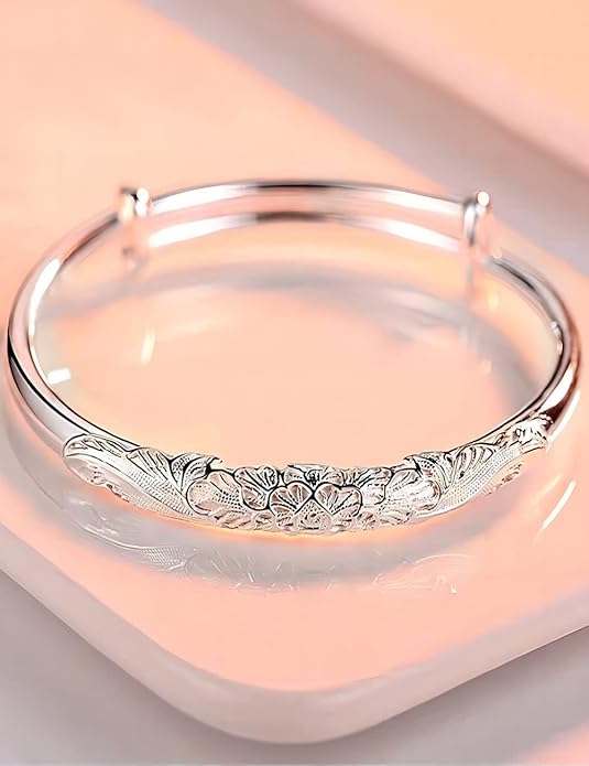 S925 Silver Bangle Bracelet for Women, Elegant Women‘s Sterling Silver Bracelet Bangle Adjustable 6.4-7.8 inches Small Size