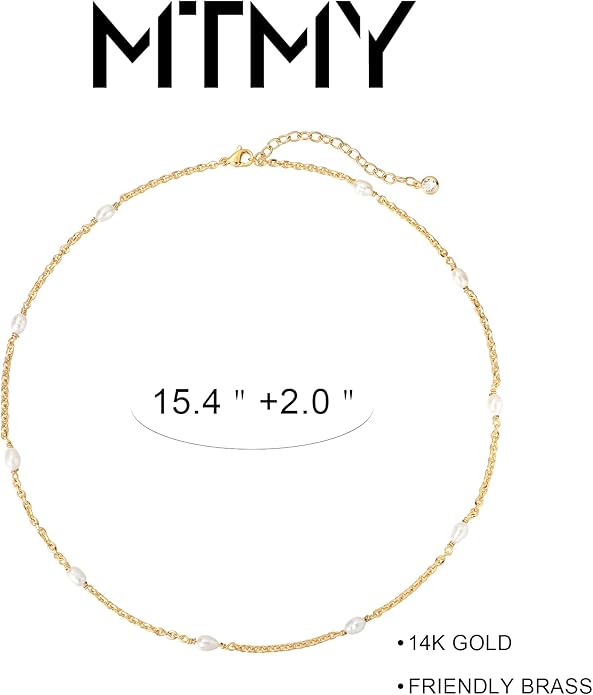 MTMY Beaded Necklaces for Women 14K Gold Plated Dainty Colorful Green/Rose Beaded Pearl Choker Necklace Delicate Boho Choker Necklace Jewelry Gift