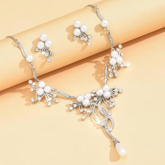 la luen Pearl Bride Wedding Jewelry Set Faux Pearls Crystal Rhinestone Necklace Earrings Bracelet Sets for Women Bridesmaid(3 PCS)