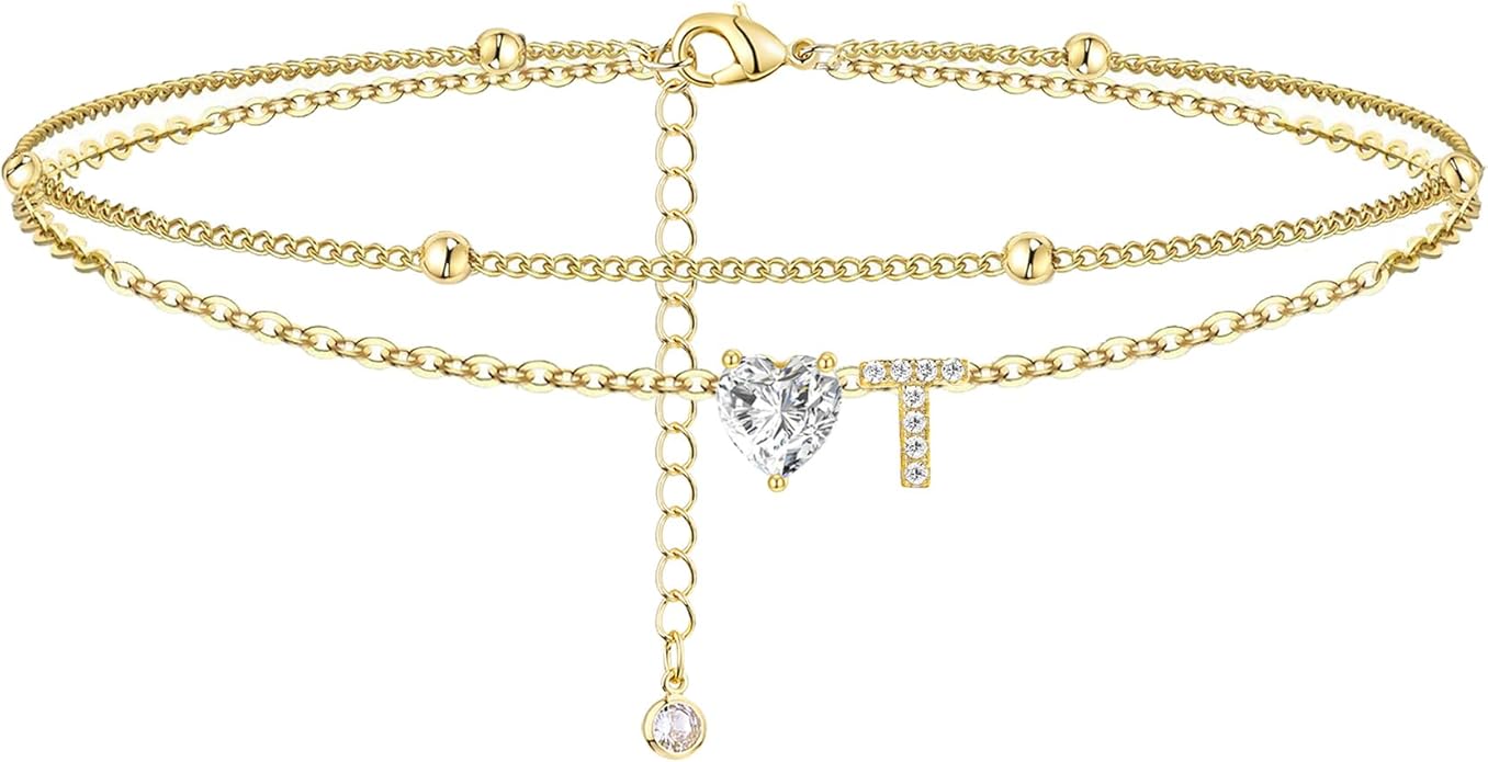Ankle Bracelets for Women Waterproof 14K Gold Plated CZ Initial Anklet for Women Dainty Layered Letter Heart Ankle Bracelets Handmade Adjustable Foot Chain Anklet Summer Beach Jewelry