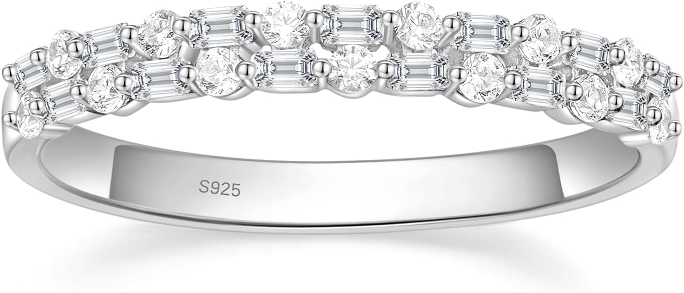 EAMTI 925 Sterling Silver Wedding Bands for Women Baguette Round Cubic Zirconia Two-Row Eternity Band Stackable Engagement Rings Size 4-10