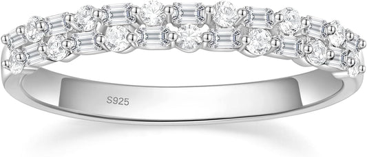 EAMTI 925 Sterling Silver Wedding Bands for Women Baguette Round Cubic Zirconia Two-Row Eternity Band Stackable Engagement Rings Size 4-10