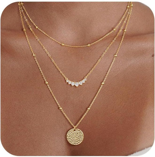 Gold/Silver Layered Necklaces for Women,Dainty 14k Gold Plated Stackable Choker Necklaces for Women,Trendy Layering Coin Chain Pendant Jewelry Set Gifts