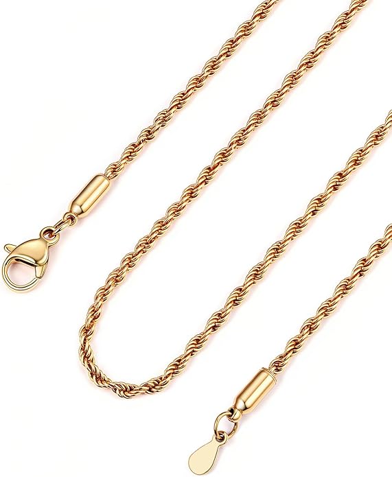Bandmax Solid 1.5mm/2mm/3mm/6mm Rope Chains for Men Women 14K Gold Plated/Black Plated Stainless Steel Twist Chain 16-30 Inches, with Gift Box