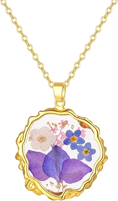 Birth Flower Necklaces for Women,1-12 Month Real Pressed Flower Necklace,Boho-Style Personalized Jewelry, Handmade Floral Pendant,Thoughtful Gift for Christmas,Birthday|18"