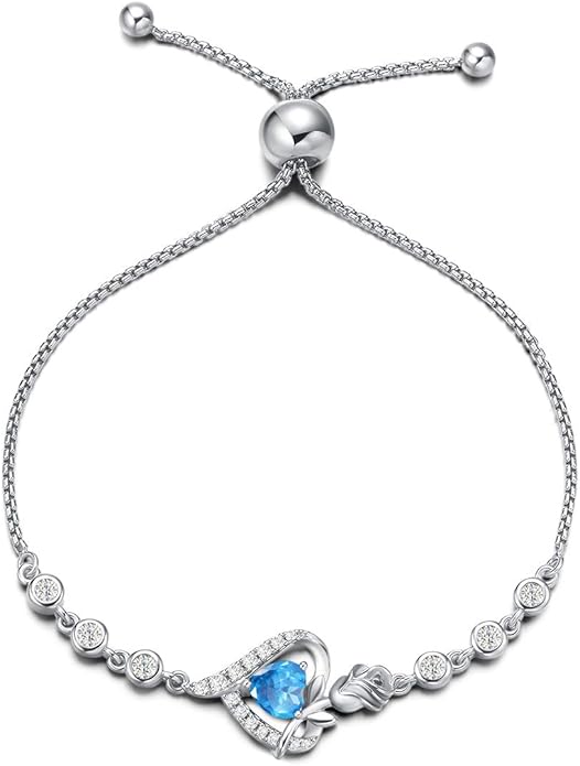 AGVANA Rosy Reverie Birthstone Bracelet for Women Sterling Silver Genuine or Created Gemstone Tennis Bracelet Rose Heart Jewelry Anniversary Birthday Gifts for Women Mom Wife Her