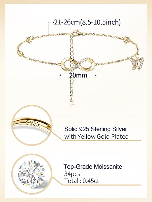 Moissanite Infinity Anklet for Women, Real Authentic 925 Sterling Silver Hypoallergenic, Beautiful Summer Jewelry, Dainty Ankle Bracelet, 8.6-10.6inch (21-26cm) Adjustable