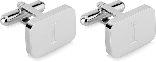18K White-Gold Plated Initial Engraved Stainless Steel Men’s Cufflinks With Gift Box -Personalized Alphabet Letter’s A-Z By Lux & Pair