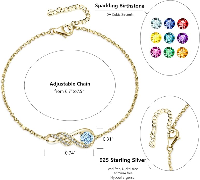Birthstone Bracelets for Women 925 Sterling Silver Created Gemstone Bracelet Infinity Pendant Jewelry for Her, 6.7"+1.2"