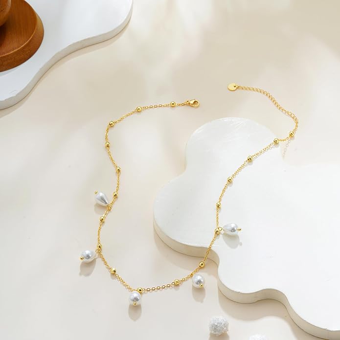 Gold Pearl Necklaces for Women Trendy, 14K Gold Plated Dainty Necklace Simple Layered Pearl Necklaces for Women Trendy Wedding Birthday Jewelry