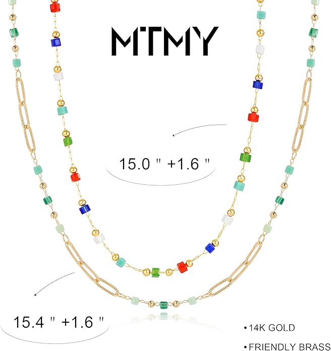 MTMY Beaded Necklaces for Women 14K Gold Plated Dainty Colorful Green/Rose Beaded Pearl Choker Necklace Delicate Boho Choker Necklace Jewelry Gift