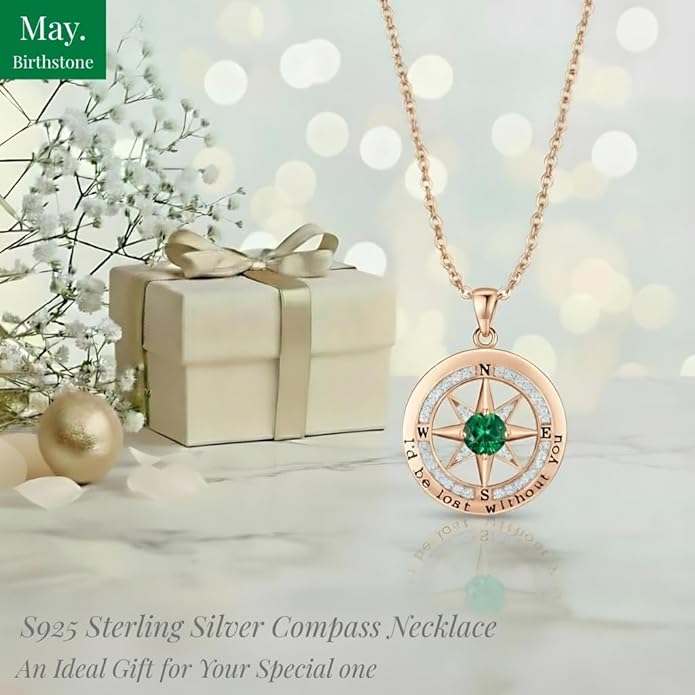 Compass Necklace for Women Wife Girlfriend Mom Daughter Gifts S925 Silver Jewelry For Anniversary Rose Gold Gifts For Birthday Christmas Mothers Valentines Day 12 Birthstones