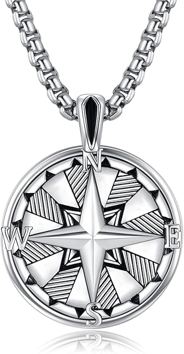 KINGWHYTE Compass Necklace for Men 925 Sterling Silver Birthday Gifts Graduation Travel Jewelry for Husband Brother with Stainless Steel Chain