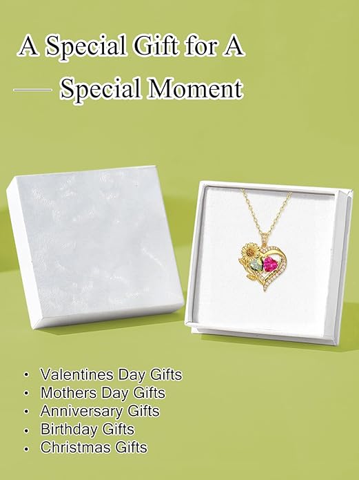 Sunflower Heart Necklace for Women 14K Gold Exquisite Anniversary Birthday Gifts for Wife Mother Her Double Birthstone Pendant jewelry‘You Are My Sunshine’