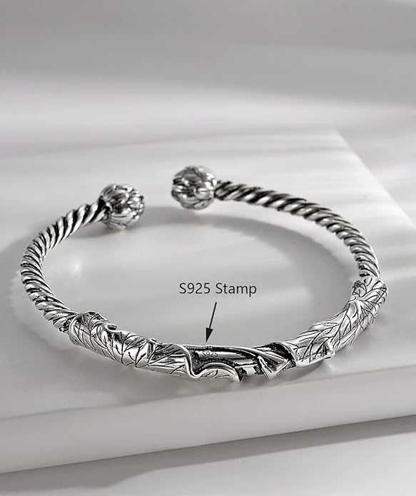 Kim Carrey S925 Sterling Silver Bracelet, Open Bangle Cuff Design, Men's Stacked Bracelets Gift Jewelry for My Man