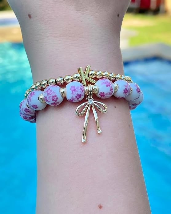 Beads Bow Charm Bracelet for Women Flower Vintage Bracelet Handmade Stretch Beaded Dainty Romantic Jewelry Gifts