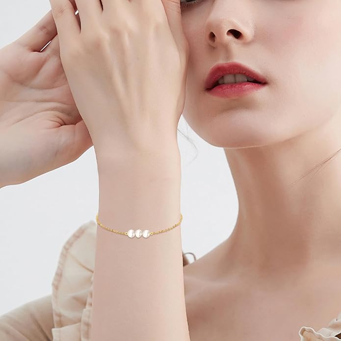 KECHO 14K Real Gold Freshwater Cultured Pearl Bracelet 14K Solid Gold Jewelry Anniversary Birthday Gift for Women