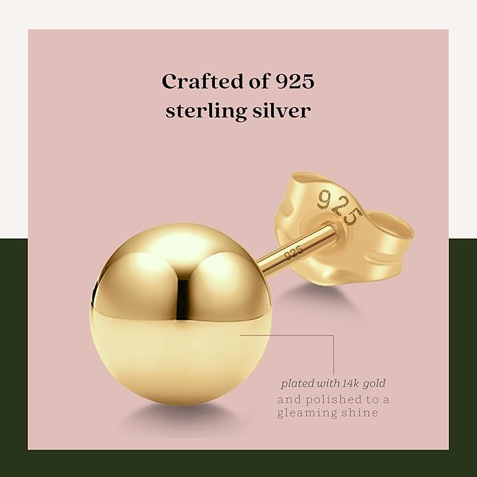 KEZEF Sterling Silver Ball Stud Earrings Hypoallergenic Earrings for Women | Available in Sterling Silver, Rose Gold, or 14K Gold Plated Silver (2mm-10mm)
