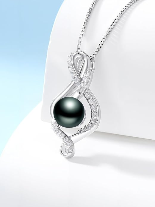 KANNSOAR Tahitian Black Pearl 18K White Gold Plated Sterling Silver Heart/Infinity/Four Leaf Clover Pendant Necklace Jewelry Gifts for Women Wife Mom Girlfriend Wedding Birthday Anniversary Christmas