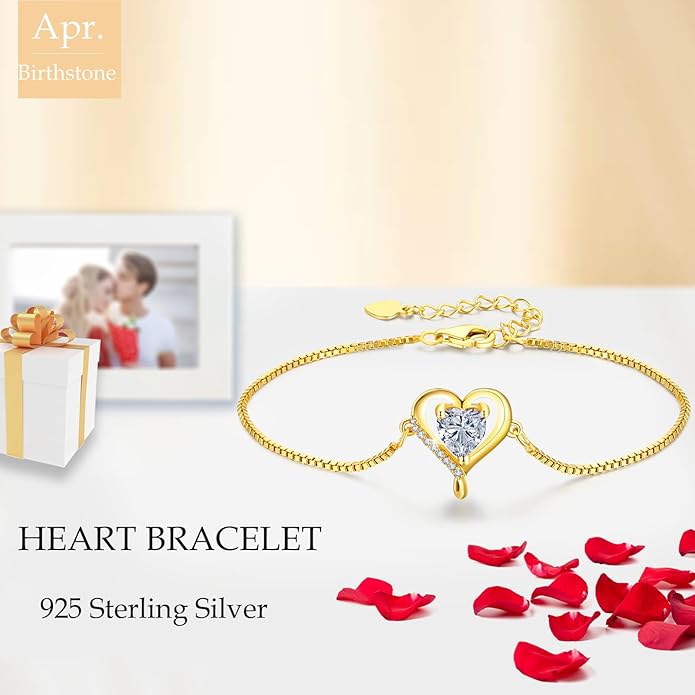 LAVUMO Love Heart Bracelets for Women 925 Silver Charm Birthstone Bracelet Adjustable Anniversary Birthday Jewelry Gifts for Women Girlfriend Wife Daughter Mom Her