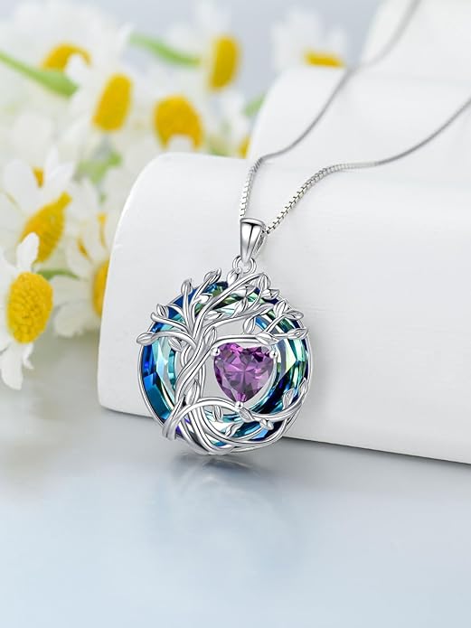 TOUPOP Christmas Gifts Tree of Life Birthstone Necklace 925 Sterling Silver Pendant Austrian Crystal Jewelry Anniversary Birthday Gifts for Women Mom Her Wife