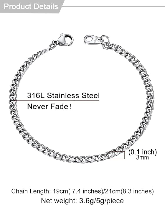 U7 Link Bracelets for Men, Cuban Link/Rope/Watch Band Solid Bracelet, Silver Black Gold Color Wrist Bracelet 3/6/9/12/15mm Width, 6.5/7.5/8.3 Inch Length, Hand Chain Jewelry for Mens Women