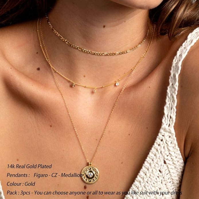 Turandoss Gold Layered Necklaces for Women - 14K Gold Plated Handmade Multilayer Bar Pearls Coin Disc Moon Butterfly Medallion Adjustable Dainty Layered Choker Necklaces for Women Jewelry