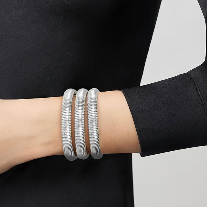 Emibele Gold Bangles Bracelet Set for Women, 18K Gold Plated Chunky Stainless Steel Non Tarnish Stretch Bracelet Stack, Flexible Wide Wristband Bangle Layered Snake Chain Bracelets