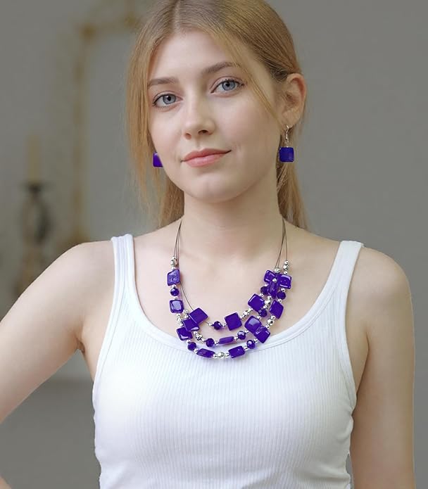 Layered Beaded Statement Necklaces for Women Square Shell Bead Collar Necklace and Earring Set Birthday Gifts Boho Jewelry Sets for Women
