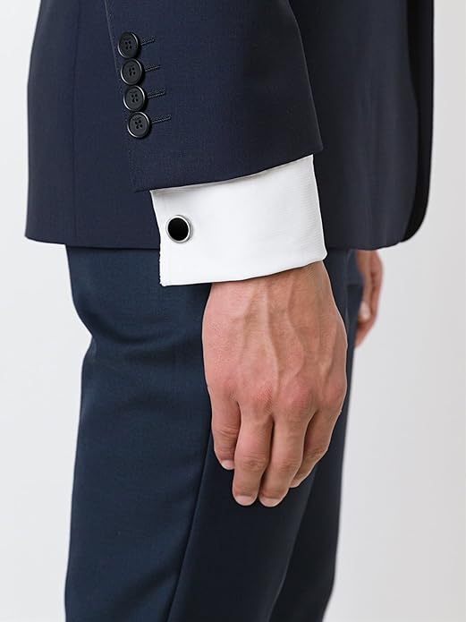 Men's Black Onyx Cufflink & Tuxedo Shirt Stud Set, 16mm Rhodium-Plated Brass, Elegant Gift Box