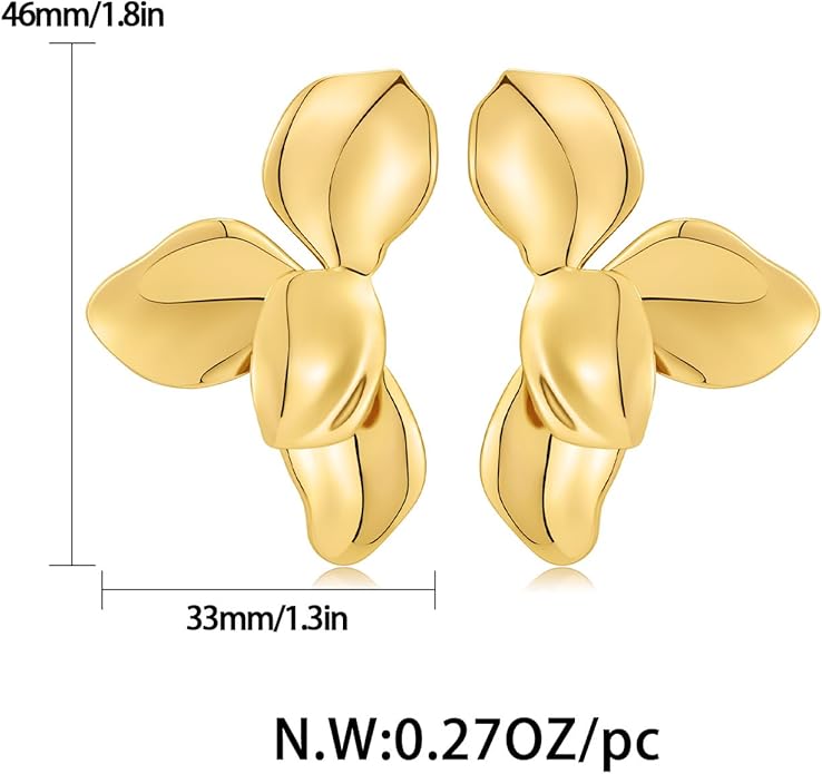 Chunky Gold Statement Earrings For Women Gold Plated Sectored Flower Leaf Shell Angel Wing Earrings Large Stud Earrings Hypoallergenic Earrings