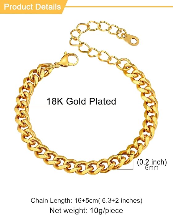 U7 Link Bracelets for Men, Cuban Link/Rope/Watch Band Solid Bracelet, Silver Black Gold Color Wrist Bracelet 3/6/9/12/15mm Width, 6.5/7.5/8.3 Inch Length, Hand Chain Jewelry for Mens Women