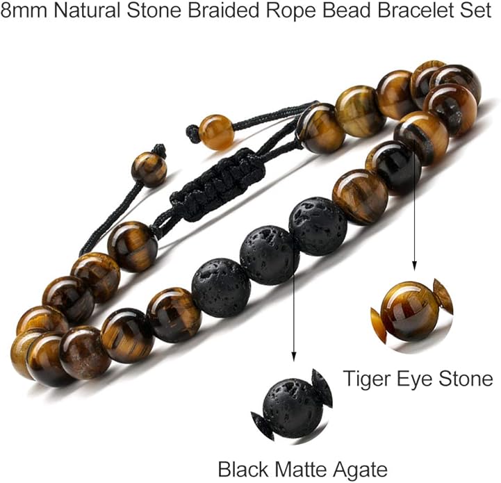 M MOOHAM Natural Stone Bracelets for Men - 8mm Tiger Eye, Matte Agate, Lava Rock - Teen Boys Gifts for Birthday, Anniversary, Christmas