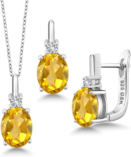 Gemstone Birthstone and White Created Sapphire Pendant and Earrings Jewelry Set for Women in 925 Sterling Silver | Oval 8X6MM and Round 2.5MM | With 18 Inch Chain | Fine Jewelry for Her Mom Women Wife