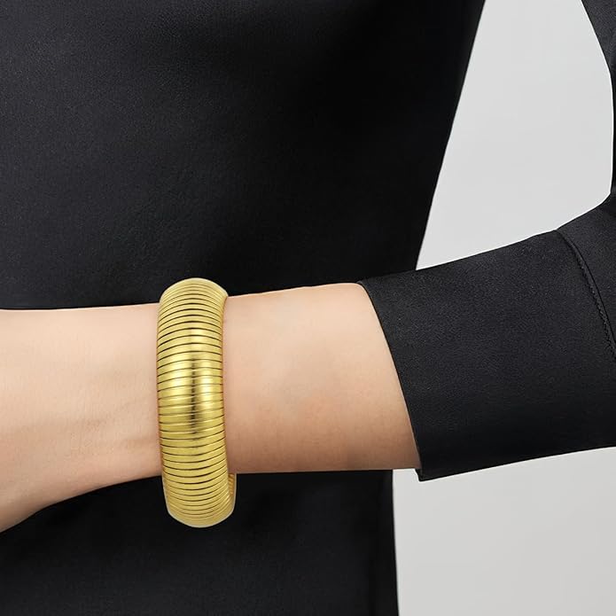 Emibele Gold Bangles Bracelet Set for Women, 18K Gold Plated Chunky Stainless Steel Non Tarnish Stretch Bracelet Stack, Flexible Wide Wristband Bangle Layered Snake Chain Bracelets