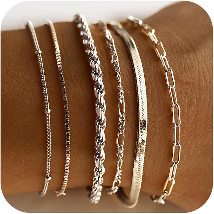 DEARMAY 14K Gold Plated Bracelets for Women Waterproof, Jewelry Sets Trendy Thin Dainty Stackable Cuban Link Paperclip Chain Bracelet Pack Fashion Accessories Gifts for Womens