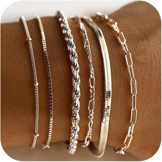 DEARMAY 14K Gold Plated Bracelets for Women Waterproof, Jewelry Sets Trendy Thin Dainty Stackable Cuban Link Paperclip Chain Bracelet Pack Fashion Accessories Gifts for Womens