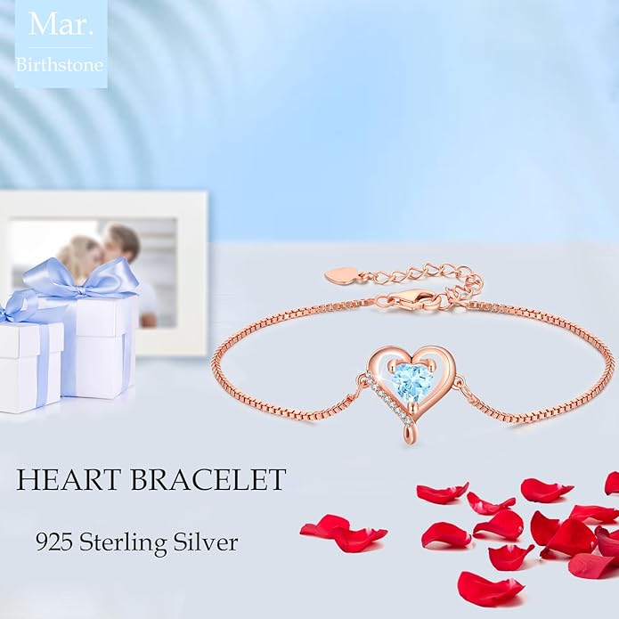 LAVUMO Love Heart Bracelets for Women 925 Silver Charm Birthstone Bracelet Adjustable Anniversary Birthday Jewelry Gifts for Women Girlfriend Wife Daughter Mom Her