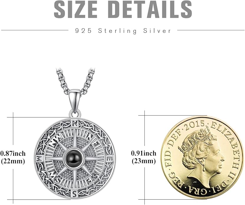 KINGWHYTE Compass Necklace for Men 925 Sterling Silver Birthday Gifts Graduation Travel Jewelry for Husband Brother with Stainless Steel Chain