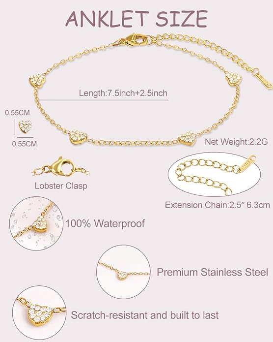 Gold Ankle Bracelets for Women Waterproof - 18K Gold Plated Stainless Steel Dainty Heart Anklets, Non Tarnish Meaningful Gifts for Her Sister Best Friend or Yourself