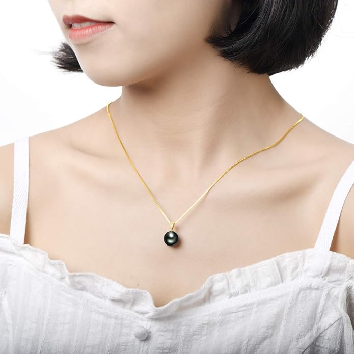 DENGGUANG 18K Gold Natural Black Pearl Pendant Necklace Pendant with Diamond 10-11mm Genuine Tahitian Cultured Round Pearls Jewelry Gifts for Women with 18" Silver Chain