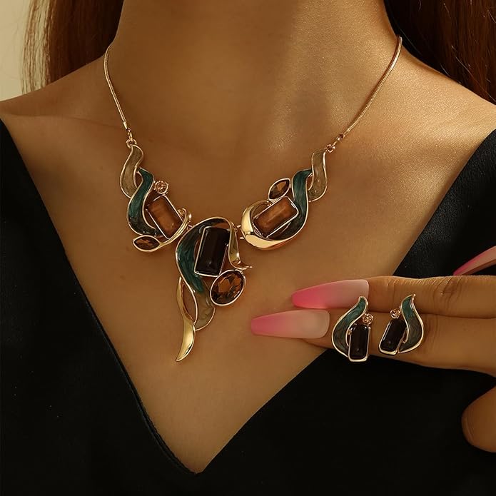 Chunky Statement Jewelry Set Vintage Retro Leaf Flower Floral Geometric Bohemian Boho Bib Necklace Earring Set Fashion Costume Jewelry for Women Girls Wedding Party Prom Unique Gift