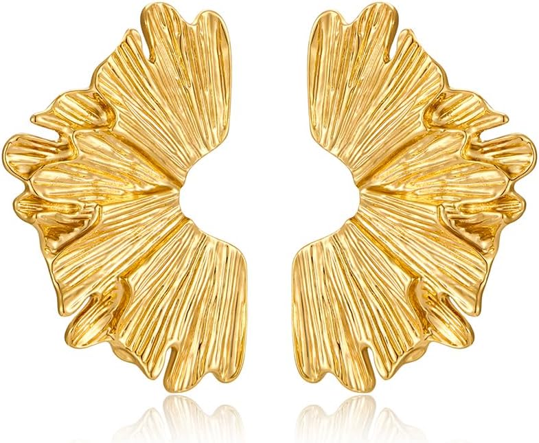 Chunky Gold Statement Earrings For Women Gold Plated Sectored Flower Leaf Shell Angel Wing Earrings Large Stud Earrings Hypoallergenic Earrings