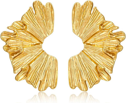 Chunky Gold Statement Earrings For Women Gold Plated Sectored Flower Leaf Shell Angel Wing Earrings Large Stud Earrings Hypoallergenic Earrings