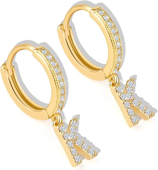18K Gold Filled Initial Dangle Hoop Earrings for Women, 1 Pair CZ Hypoallergenic Alphabet Letter A-Z Drop Dangle Dainty Gold Earrings, Small Huggie Hoop Earrings with Cubic Zirconia Gifts Jewelry