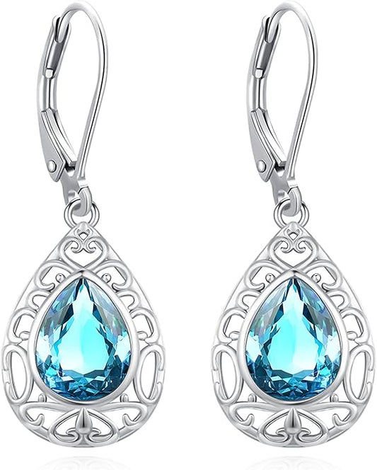 Sterling Silver Tree of Life/Flower/Bee/Animals/Cat/Hummingbird Dangle Earrings Moonstone Turquoise Drop Leverback Earrings Jewelry Gifts