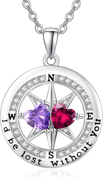 Compass Birthstones Necklace for Women, Exquisite Anniversary Birthday Gifts for Wife Her Double Birthstone Pendant jewelry ‘I'd be Lost Without You’