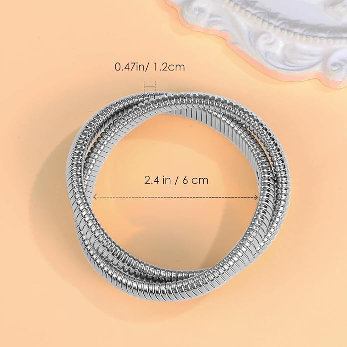 Emibele Gold Bangles Bracelet Set for Women, 18K Gold Plated Chunky Stainless Steel Non Tarnish Stretch Bracelet Stack, Flexible Wide Wristband Bangle Layered Snake Chain Bracelets