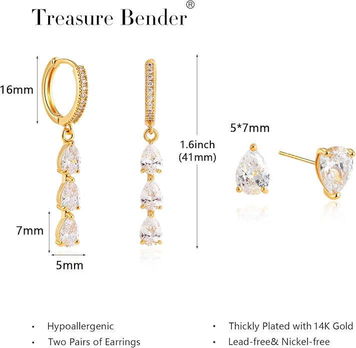 2 Pairs Gold Huggie Hoop Earrings for Women 14k Gold Plated Diamond Stud Earrings Set Drop Dangle Hypoallergenic Cubic Zirconia Flat Back Earring Gold Jewelry for Women Gift