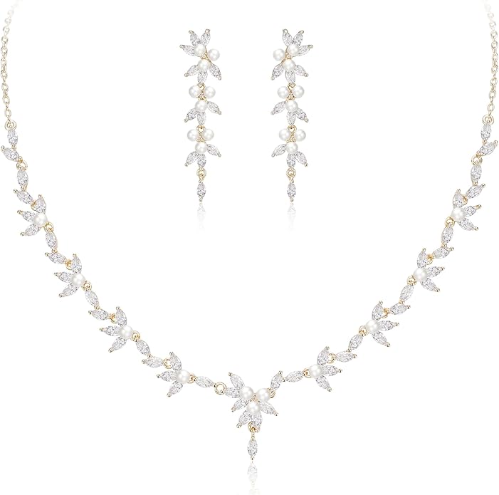 EleQueen Women's Simulated Pearl Wedding Jewelry Set, Cubic Zirconia Marquise Floral Bridal Necklace Earrings Bracelet Sets